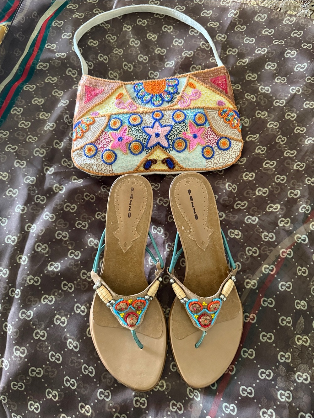 PAZZO Tan Sandals with Turquoise Straps and Colorful Bead Embellishments